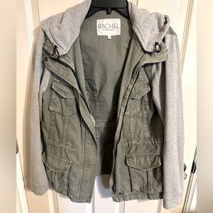 Rachel by Rachel Roy Zip Up Hooded Utility Jacket, Green & Gray, Size Large